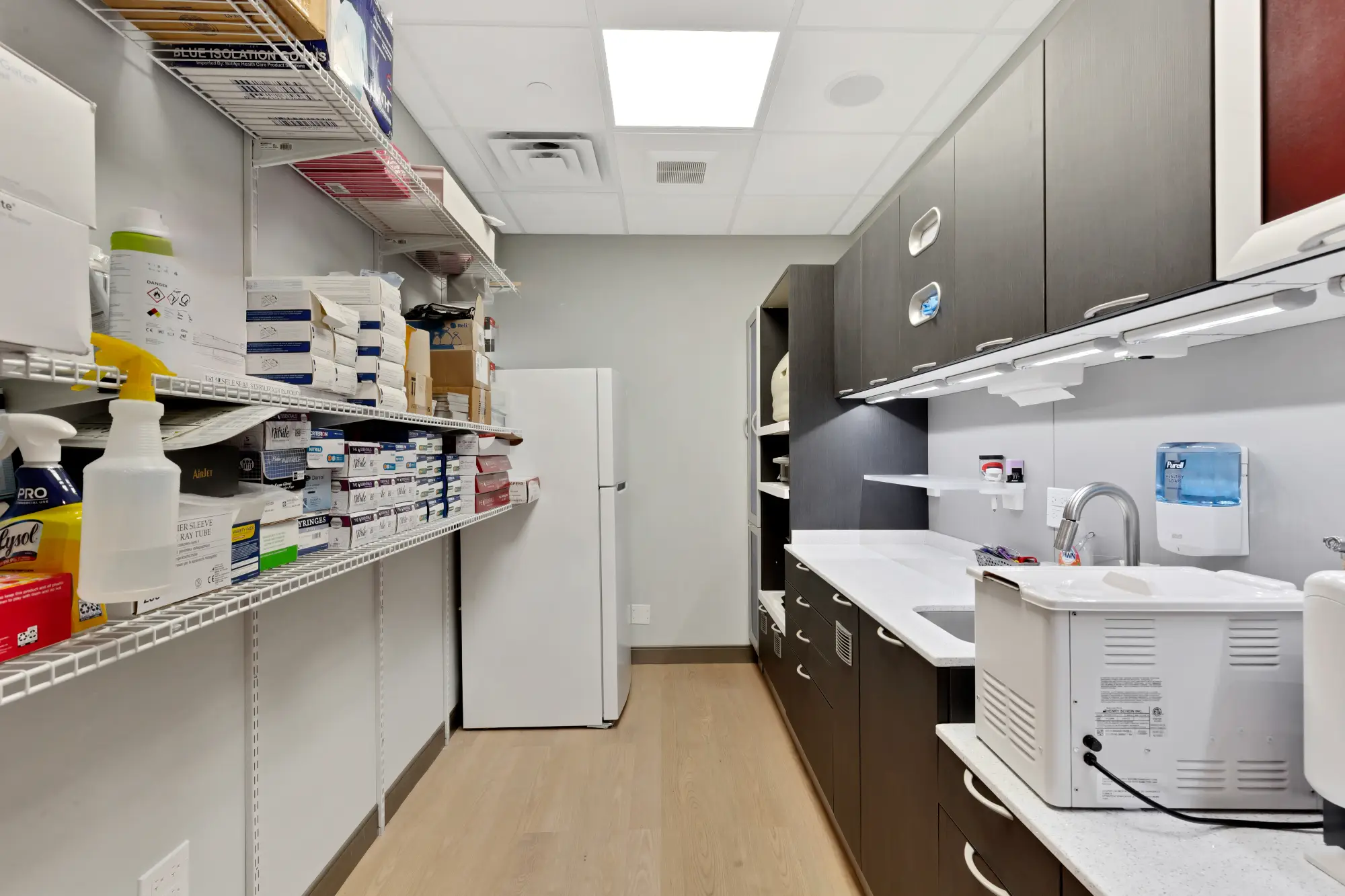 Sterilization area with supply shelving and counter