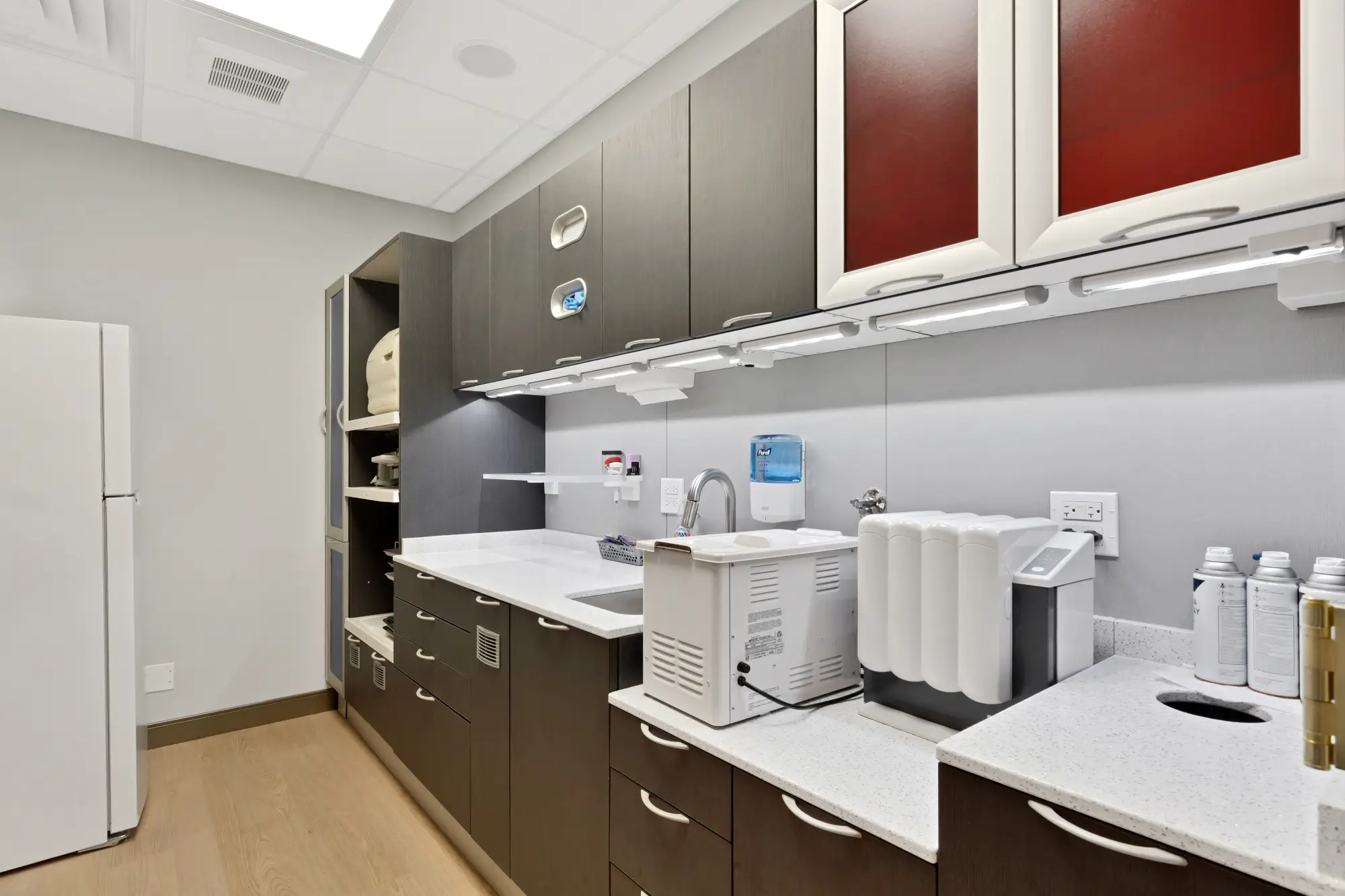 Sterilization area with autoclave and dark cabinets