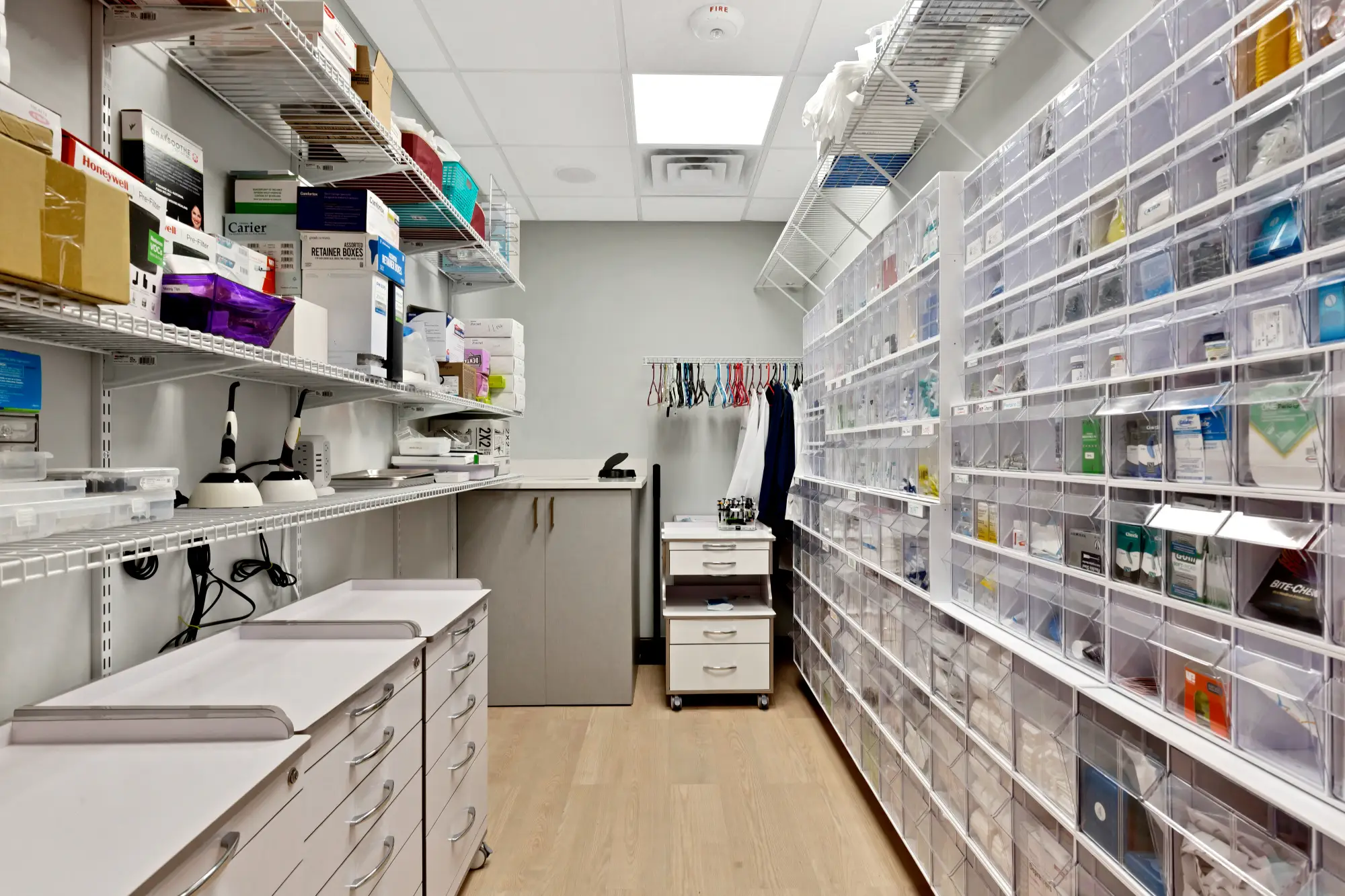Supply room shelving and storage drawers