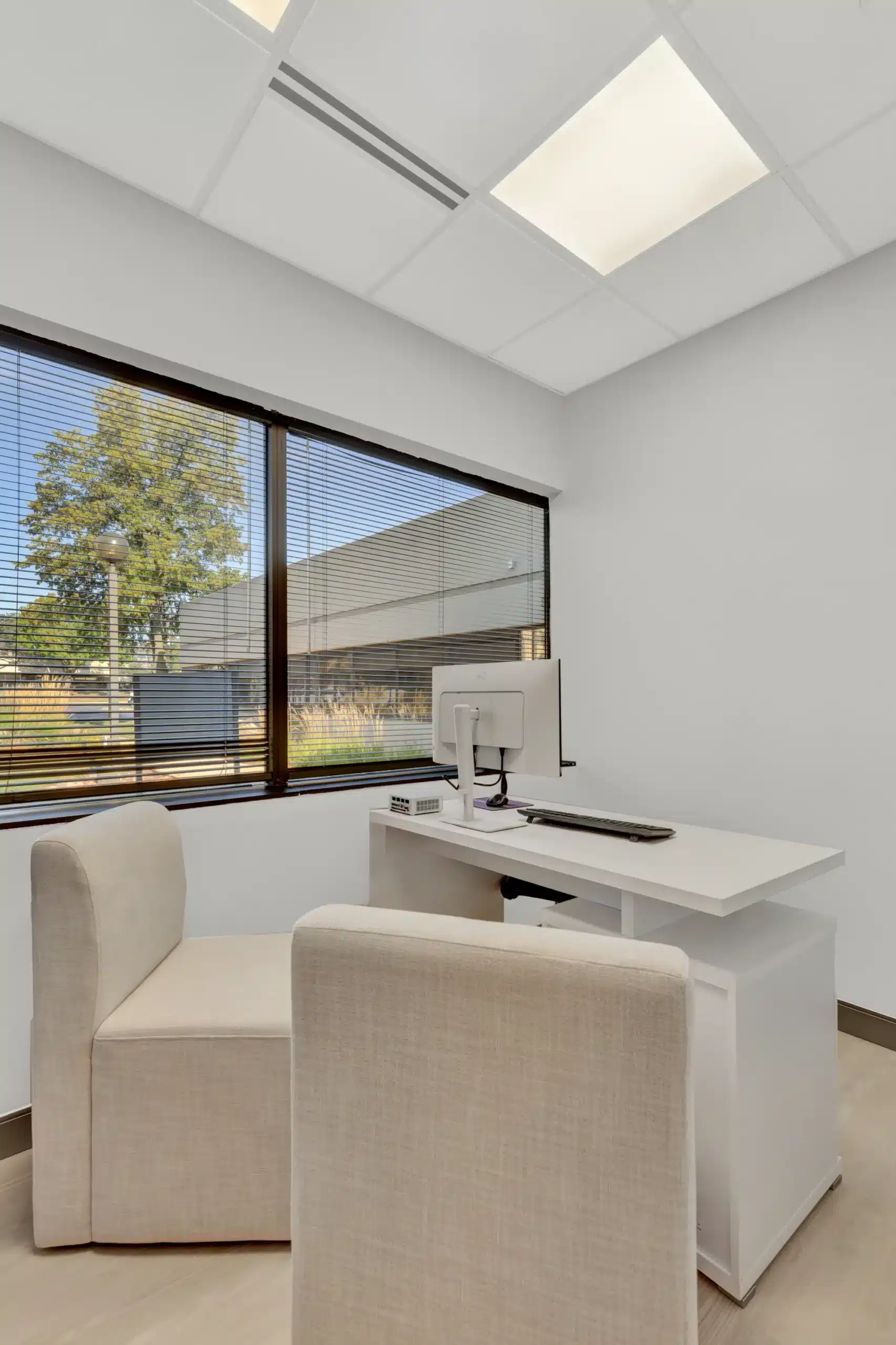 Consultation room with armchairs and a desk by the window