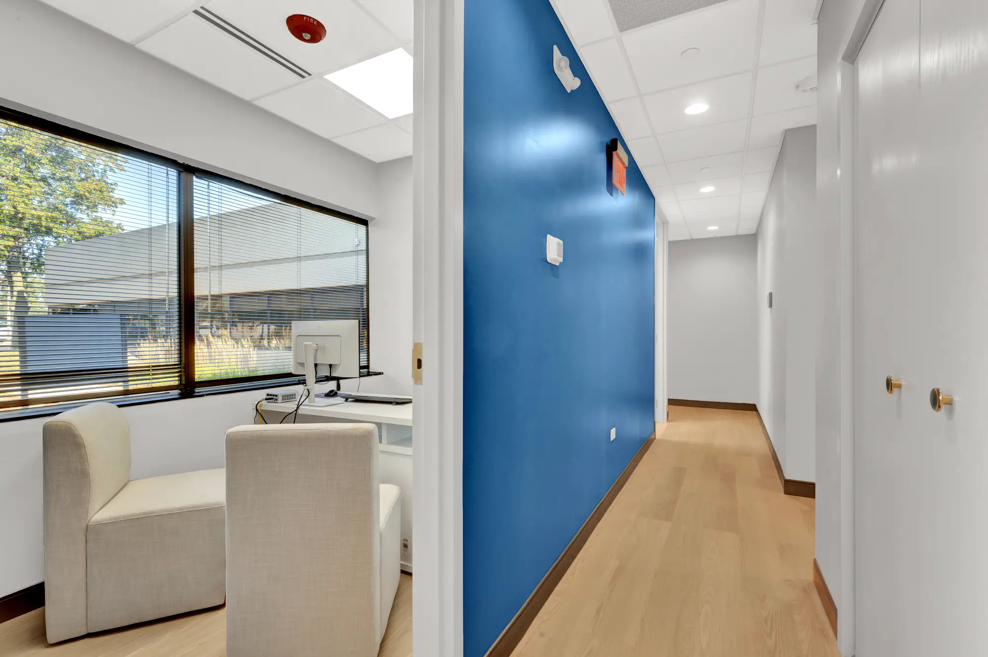 Consultation room and hallway with a blue accent wall