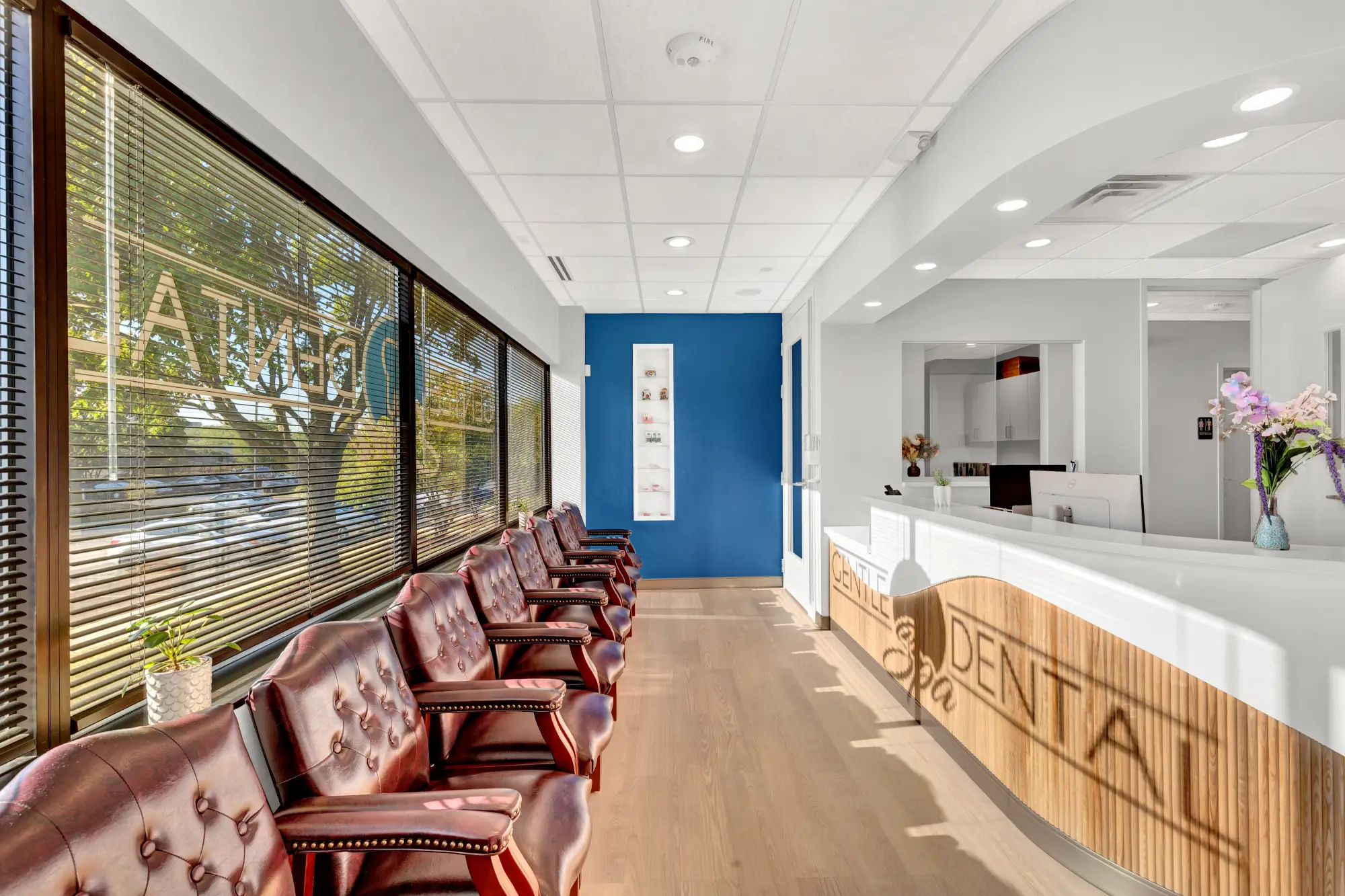 Waiting room chairs along the windows facing the reception desk
