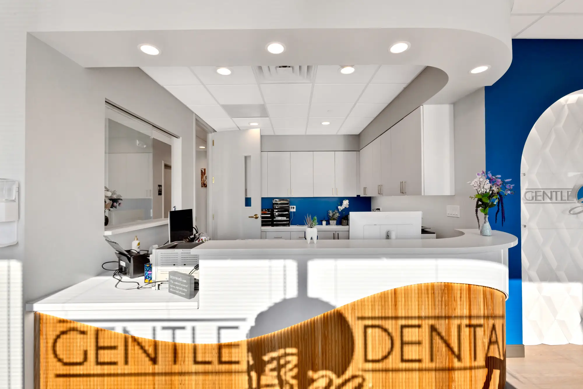 Reception desk with the wood-panelled Gentle Dental front