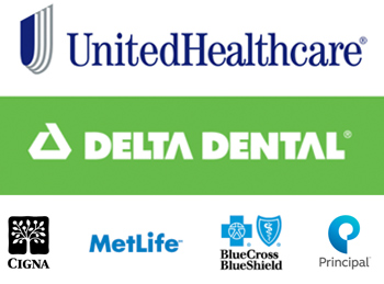 Insurance logos: UnitedHealthcare, Delta Dental, Cigna, MetLife, BlueCross BlueShield and Principal